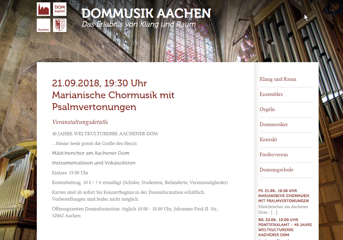 21.09.2018, 19:30 Uhr  Marianische Chormusik mit Psalmvertonungen Mädchenchor am Aachener Dom